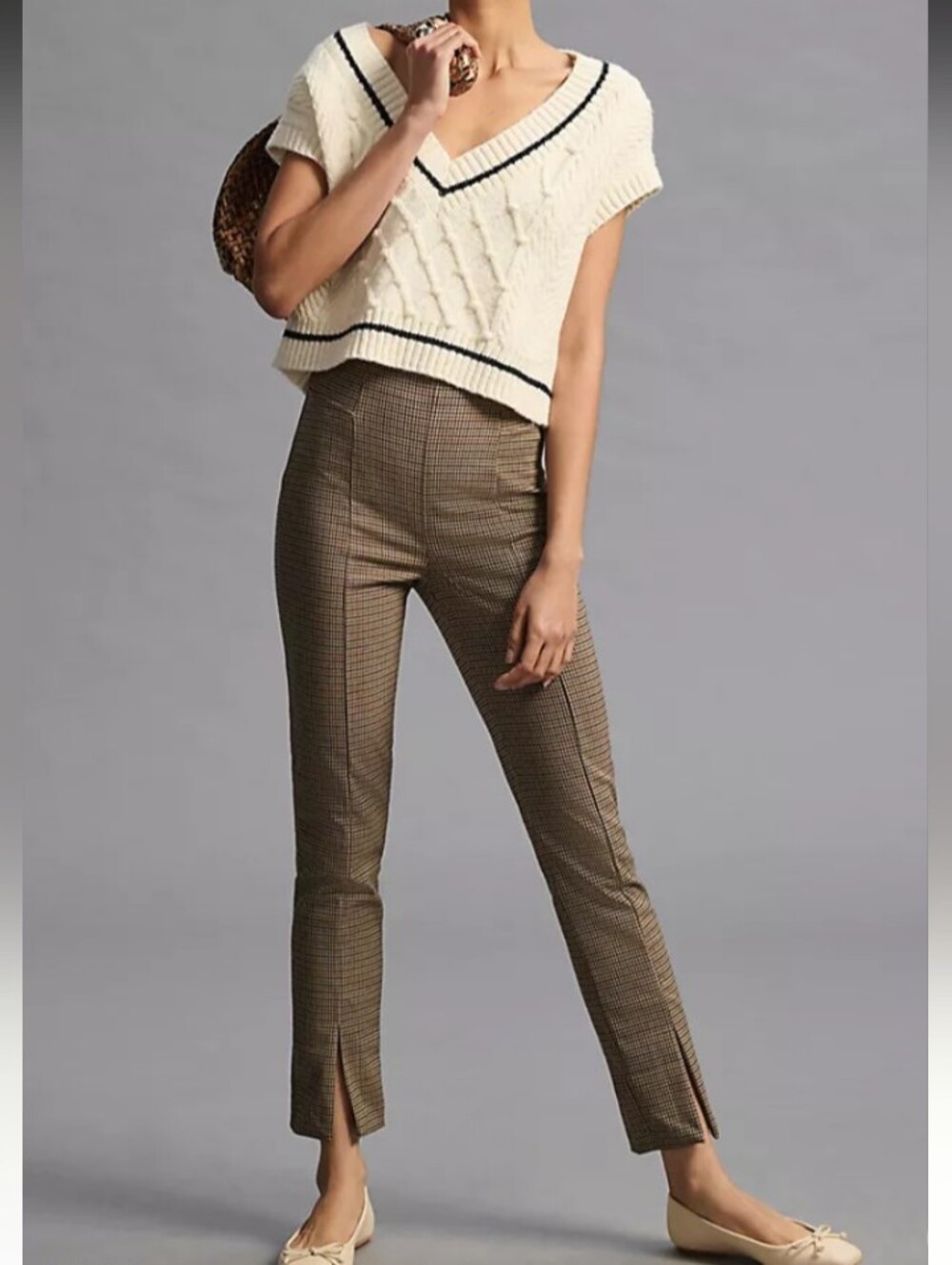 Favorite Daughter The Suits You Leggings Pants In Brown Plaid With Slit Hem